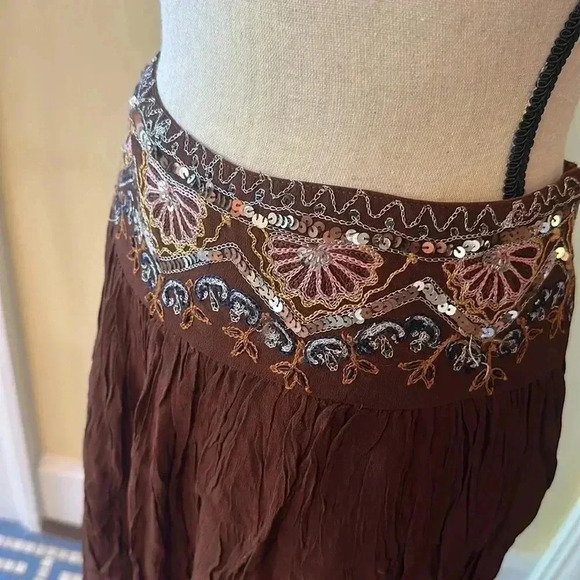 Temptations | Chocolate Brown Midi/Maxi Skirt w/Embroidered & Sequined Waistband - Picture 3 of 8